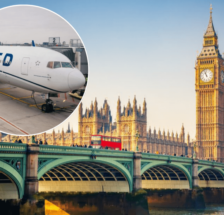 a plane on a bridge with a clock tower and a bridge