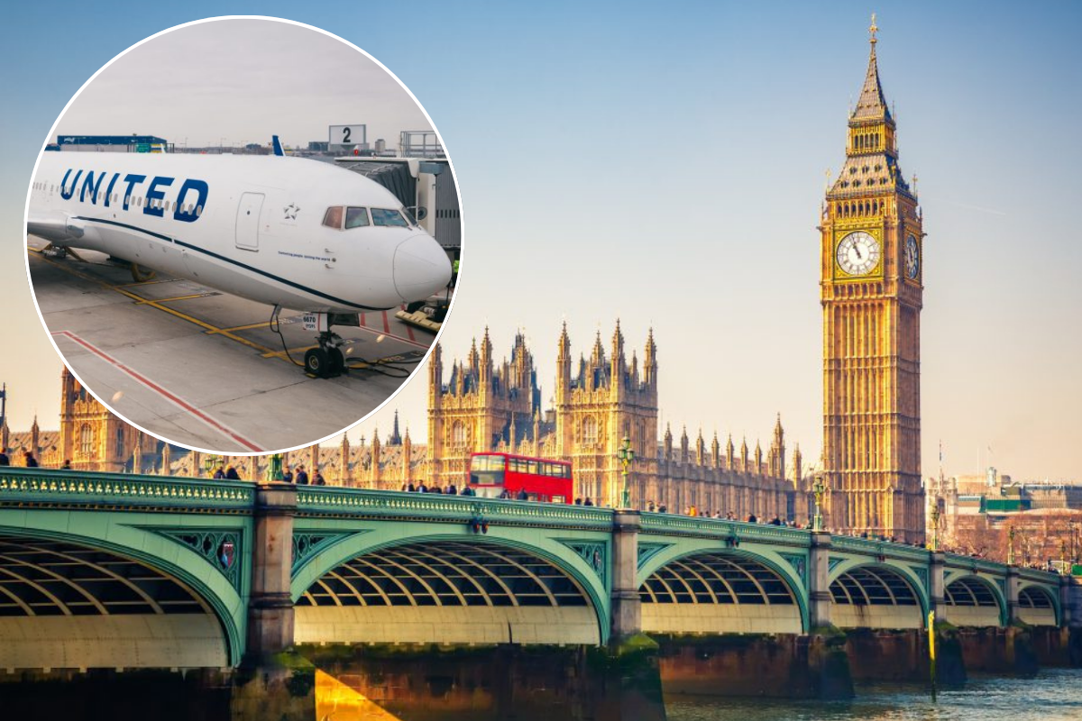 a plane on a bridge with a clock tower and a bridge
