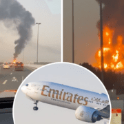 a plane flying over a fire