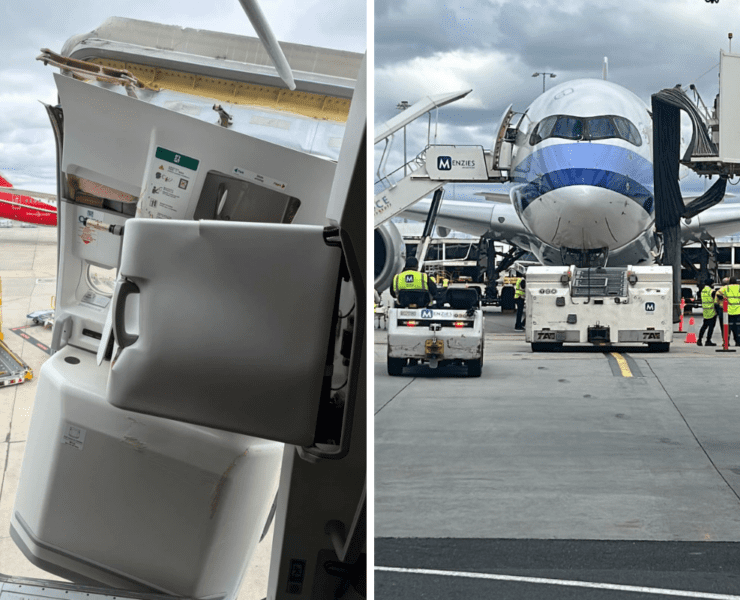 a montage showing a damaged cabin door on a china airlines a350-1000