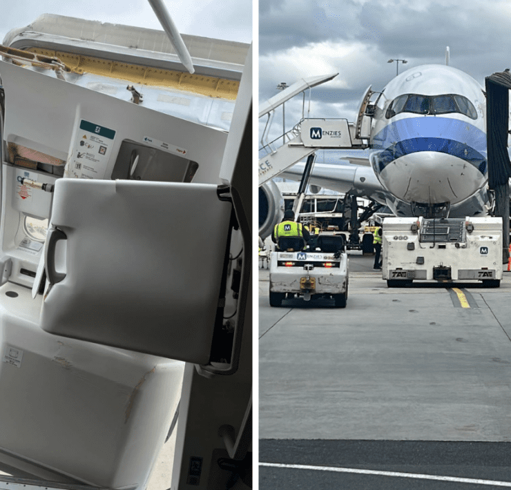 a montage showing a damaged cabin door on a china airlines a350-1000