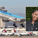 A korean air aircraft taking off with an inset photo of Porscha Brown