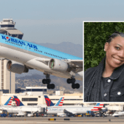 A korean air aircraft taking off with an inset photo of Porscha Brown