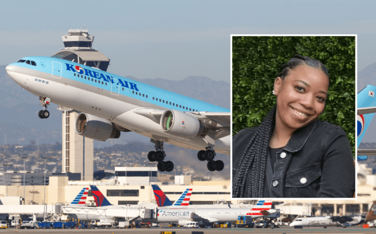 A korean air aircraft taking off with an inset photo of Porscha Brown