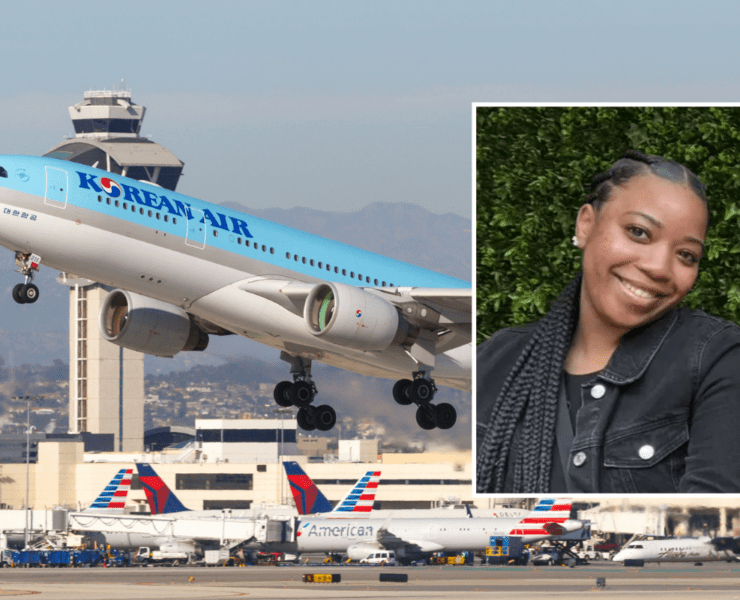 A korean air aircraft taking off with an inset photo of Porscha Brown