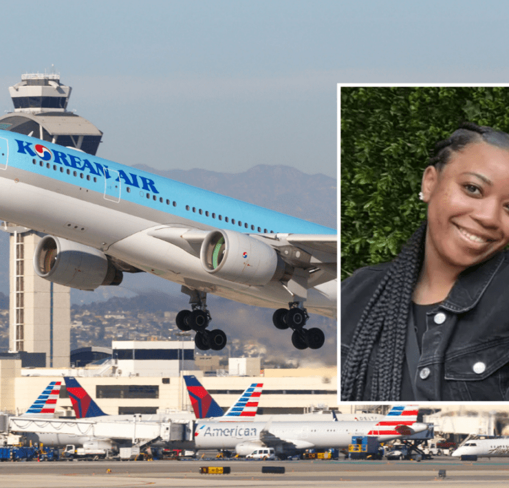 A korean air aircraft taking off with an inset photo of Porscha Brown