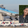 A korean air aircraft taking off with an inset photo of Porscha Brown