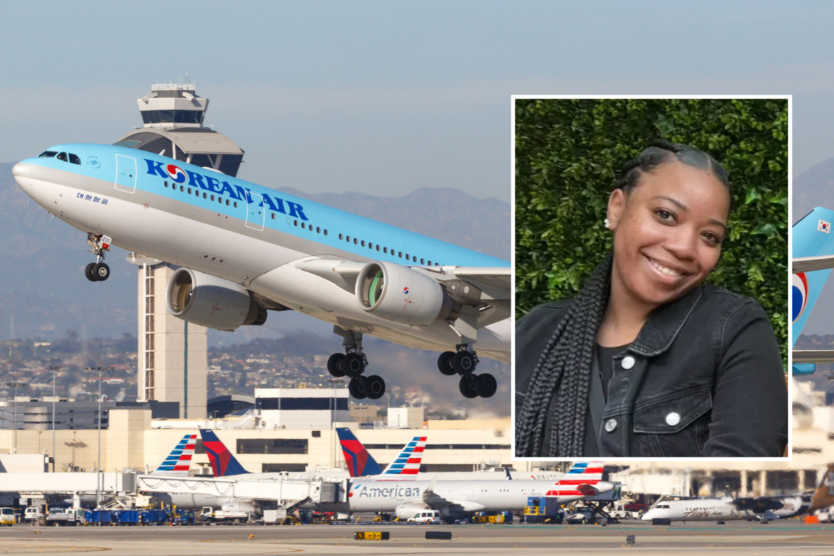 A korean air aircraft taking off with an inset photo of Porscha Brown