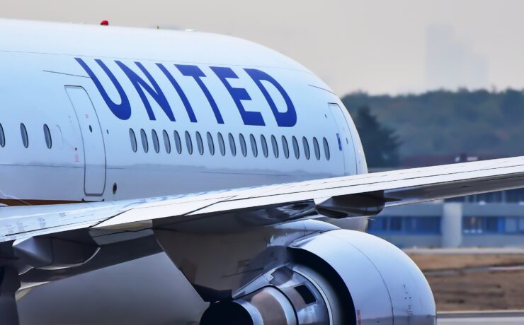 a close up of a united airlines boeing 767