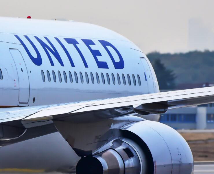 a close up of a united airlines boeing 767
