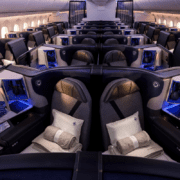 business class interior of new United Airlines Boeing 787 Dreamliner
