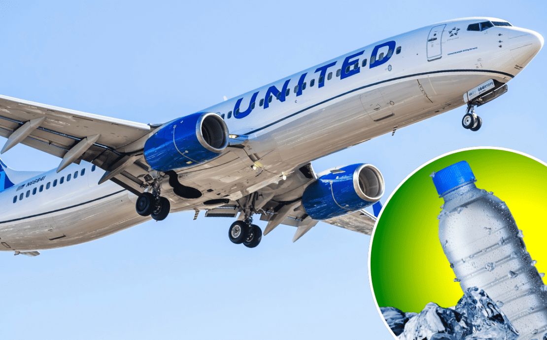 a montage of a united airlines plane and a bottle of water