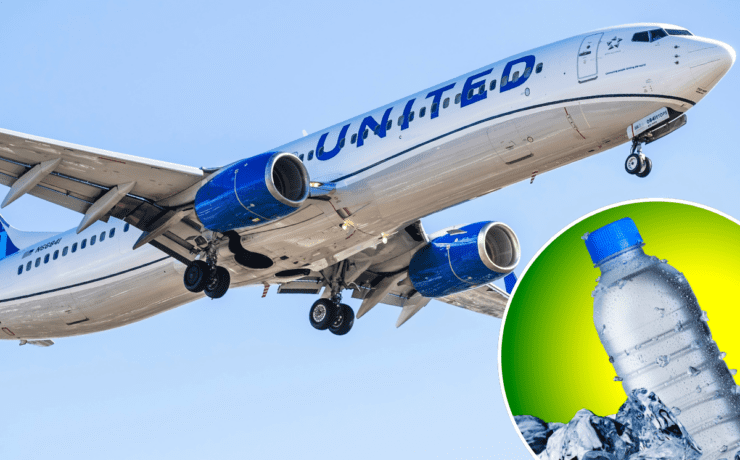 a montage of a united airlines plane and a bottle of water