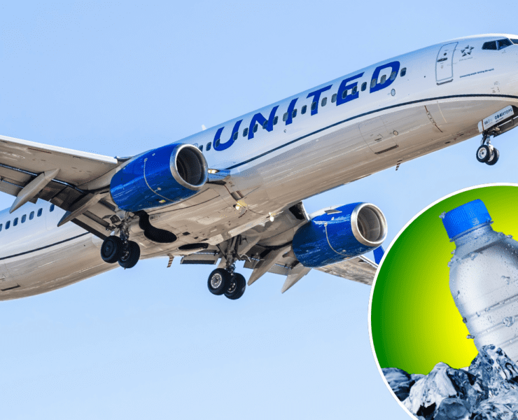 a montage of a united airlines plane and a bottle of water
