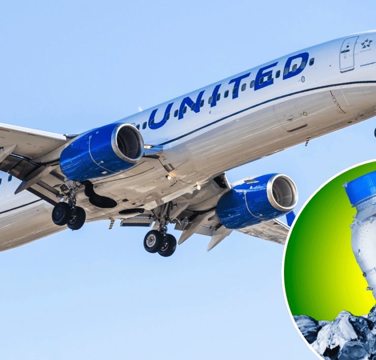 a montage of a united airlines plane and a bottle of water