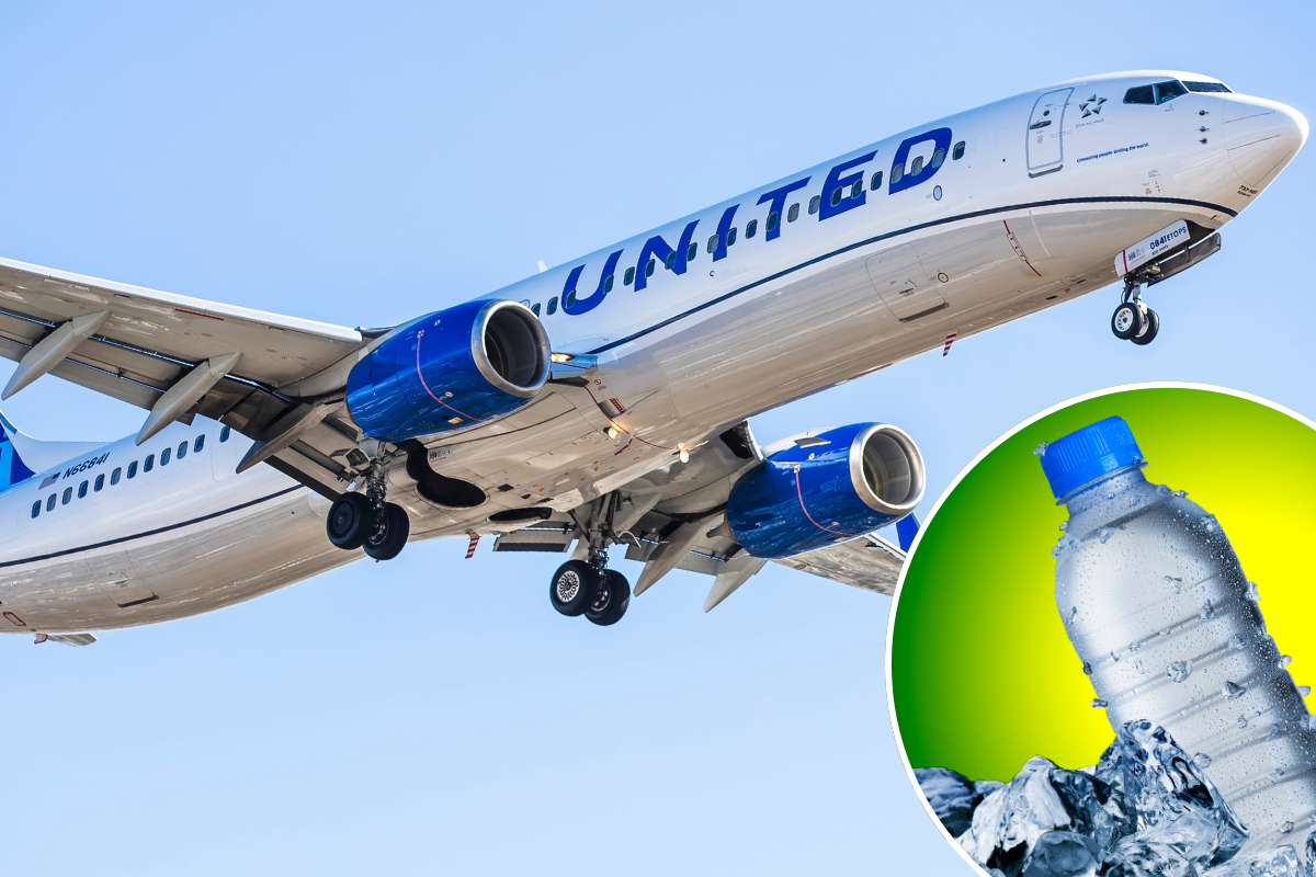 a montage of a united airlines plane and a bottle of water