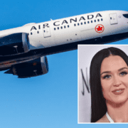 An air canada boeing 787 flying in the sky with an inset photo of katy perry