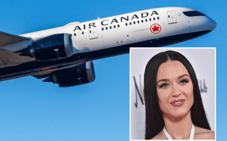An air canada boeing 787 flying in the sky with an inset photo of katy perry
