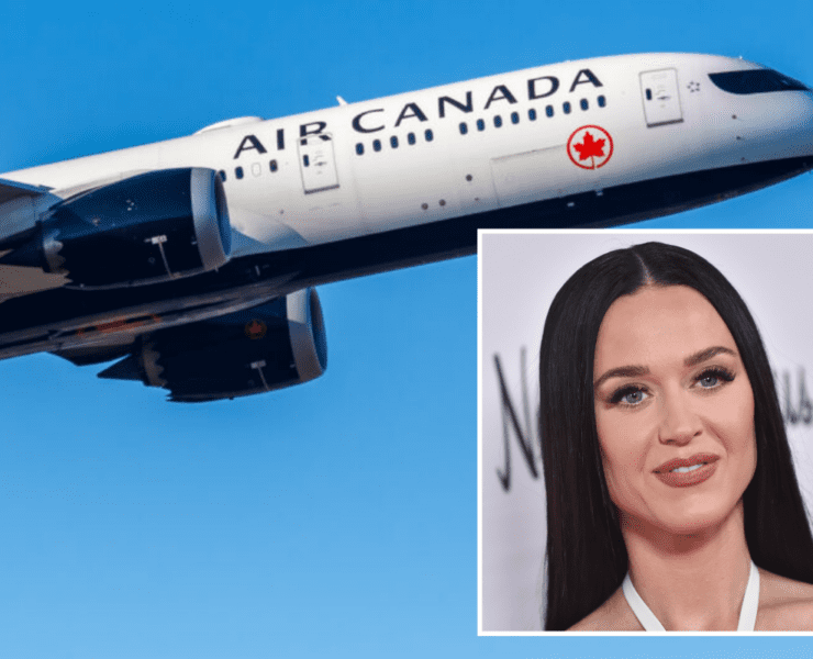 An air canada boeing 787 flying in the sky with an inset photo of katy perry