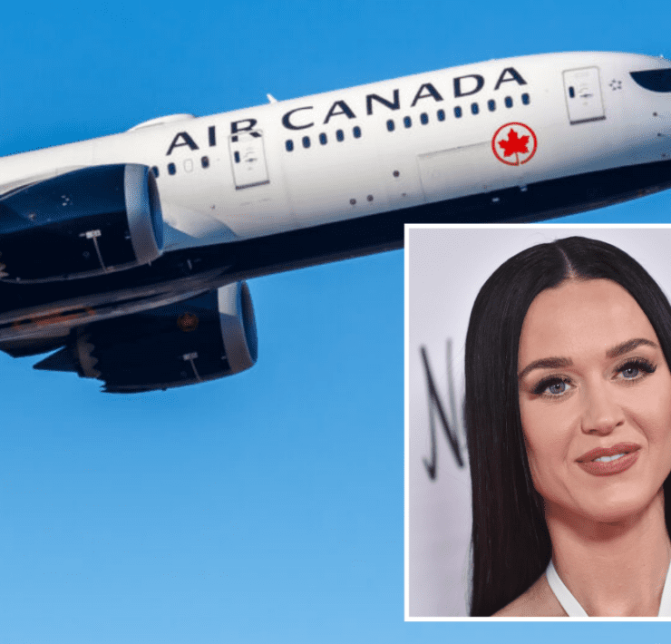 An air canada boeing 787 flying in the sky with an inset photo of katy perry