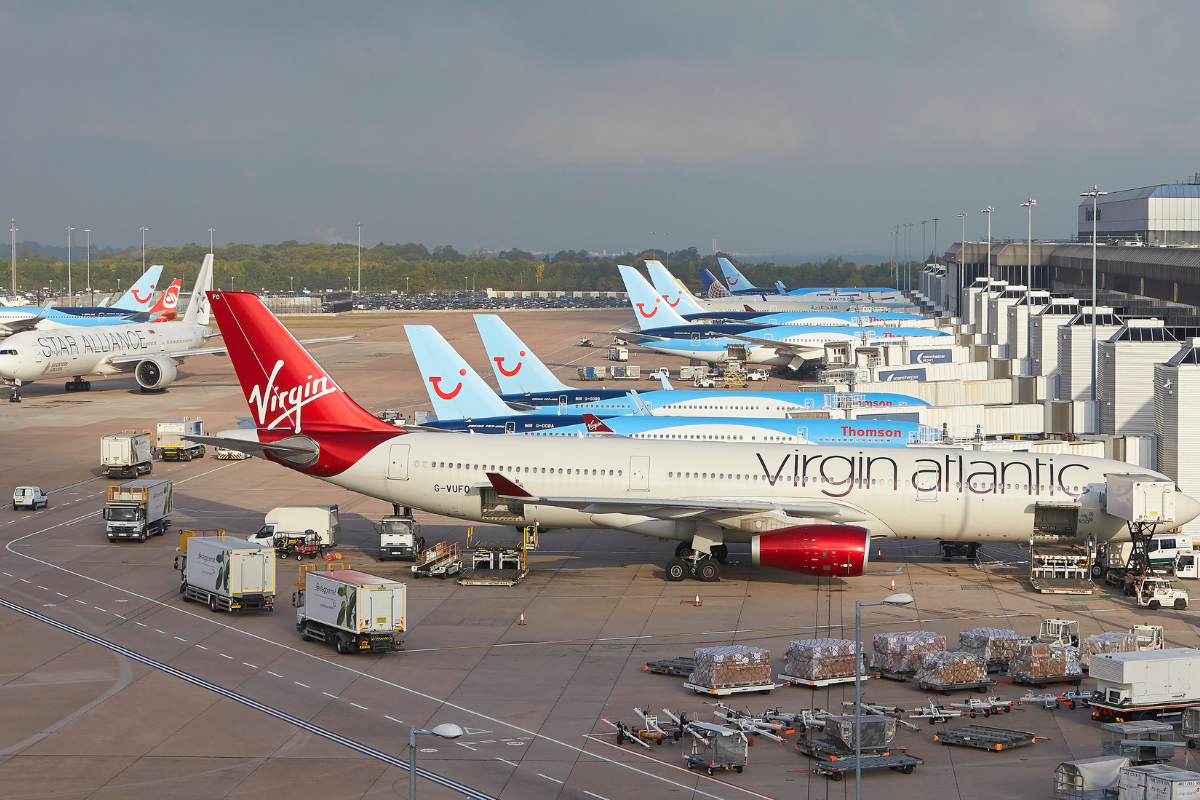 planed lined up at gates at manchester airport