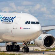 an Air Transat plane taxiing at Toronto Pearson Airport