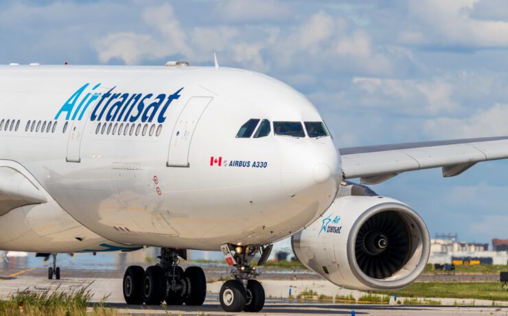 an Air Transat plane taxiing at Toronto Pearson Airport