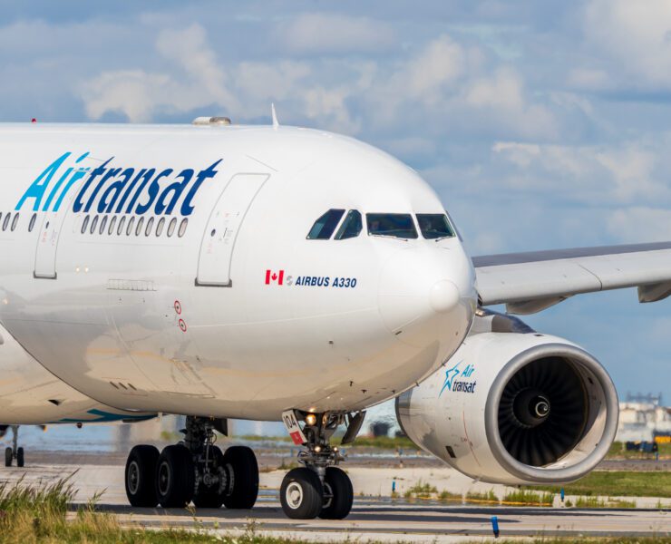 an Air Transat plane taxiing at Toronto Pearson Airport