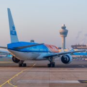 a klm boeing 777 taxiing at amsterdam schiphol airport