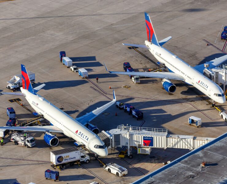 two delta air lines planes parked at the gate at orlando international airport