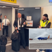 a photo of a spirit airlines pilot at the gate with an inset photo of a southwest airlines plane