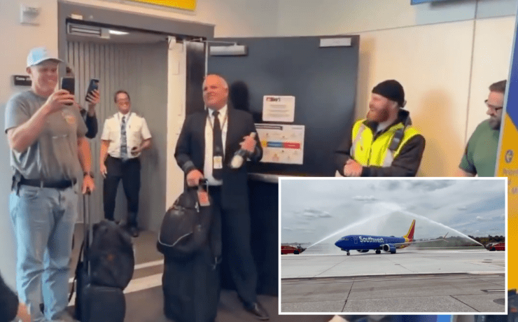 a photo of a spirit airlines pilot at the gate with an inset photo of a southwest airlines plane
