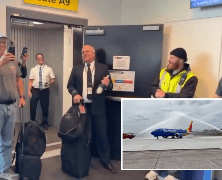 a photo of a spirit airlines pilot at the gate with an inset photo of a southwest airlines plane