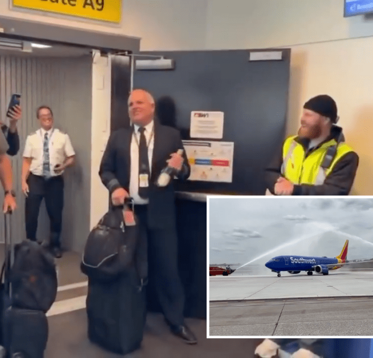 a photo of a spirit airlines pilot at the gate with an inset photo of a southwest airlines plane