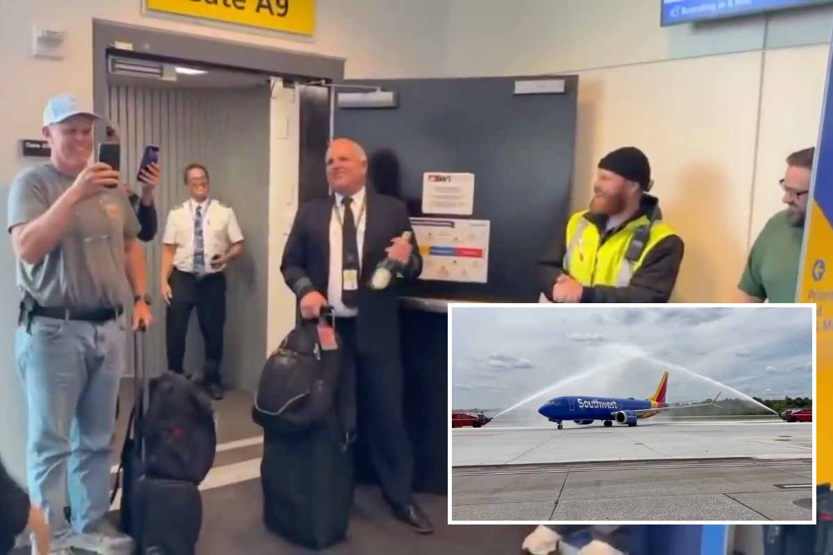 a photo of a spirit airlines pilot at the gate with an inset photo of a southwest airlines plane