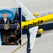 a photo of a spirit airlines airplane with an inset photo of transportation secretary sean duffy