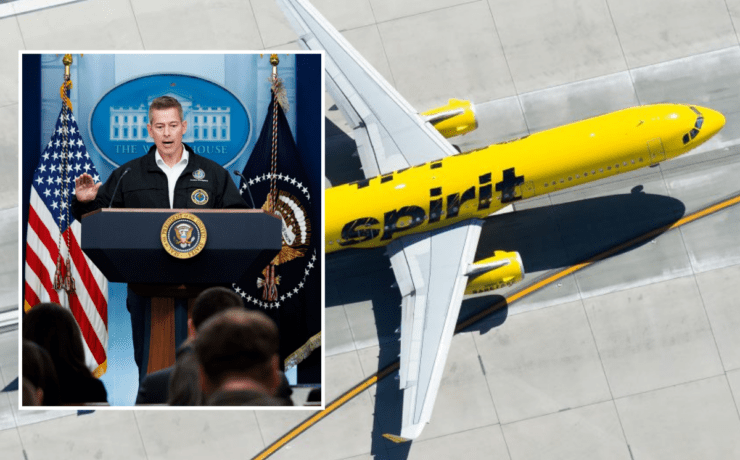 a photo of a spirit airlines airplane with an inset photo of transportation secretary sean duffy
