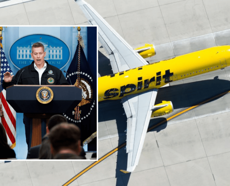 a photo of a spirit airlines airplane with an inset photo of transportation secretary sean duffy
