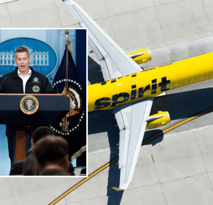 a photo of a spirit airlines airplane with an inset photo of transportation secretary sean duffy