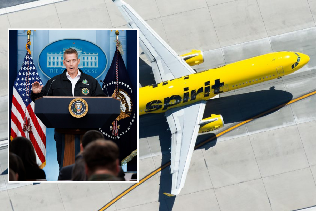 a photo of a spirit airlines airplane with an inset photo of transportation secretary sean duffy
