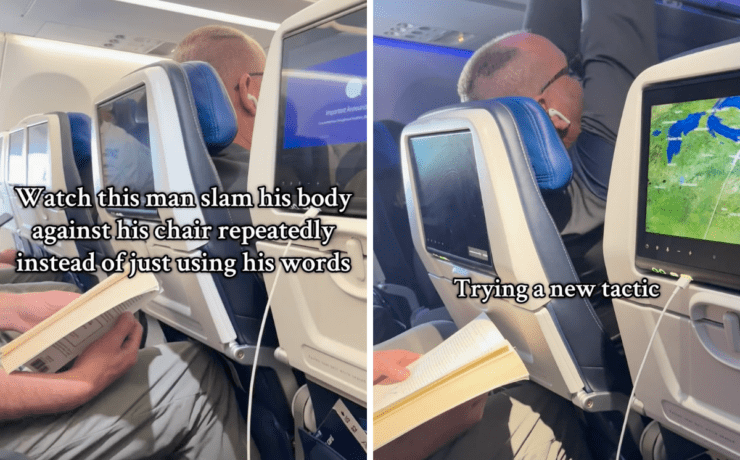 collage of a united airlines passenger body slamming his seat