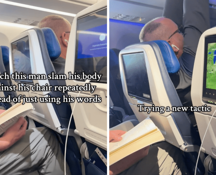 collage of a united airlines passenger body slamming his seat