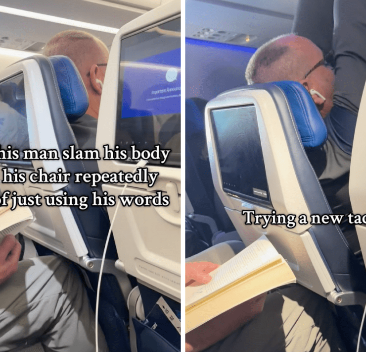 collage of a united airlines passenger body slamming his seat