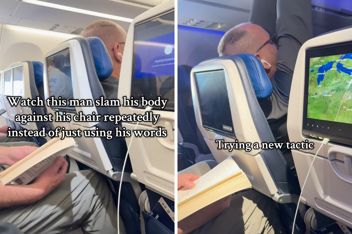 collage of a united airlines passenger body slamming his seat