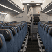 the interior of an american airlines airbus a320 series aircraft eith spaceflex interior