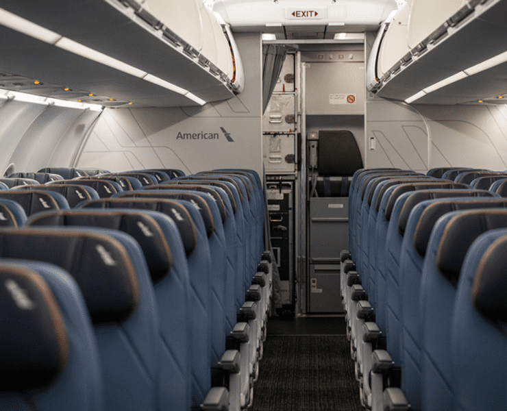 the interior of an american airlines airbus a320 series aircraft eith spaceflex interior