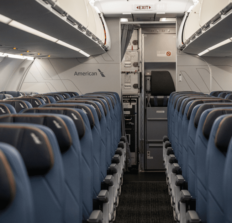 the interior of an american airlines airbus a320 series aircraft eith spaceflex interior