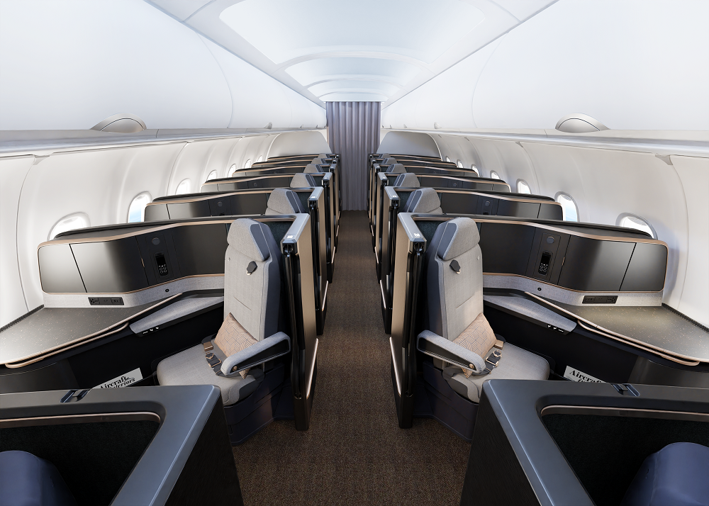 the inside view of an airplane featuring the Safran Vue business class seat