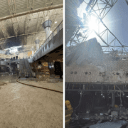 a collage of two photos which sows damage to Termina 1 at Kuwait International Airport after an Iranian drone attack