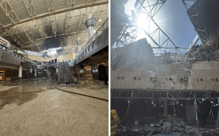 a collage of two photos which sows damage to Termina 1 at Kuwait International Airport after an Iranian drone attack
